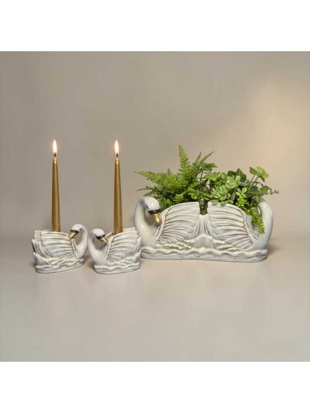 Vintage Ceramic Swan Set-3pc Planter and Candle Holders-Retro White and Gold